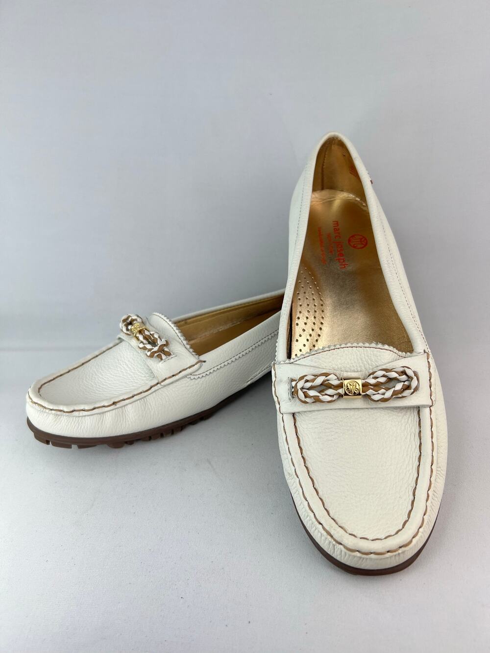 Marc Joseph New York Orchard St White Leather Braided Bow Driving Loafers sz 11